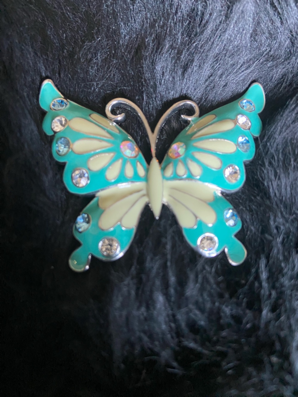 Turquoise and Cream Butterfly Brooch with Rhinestones